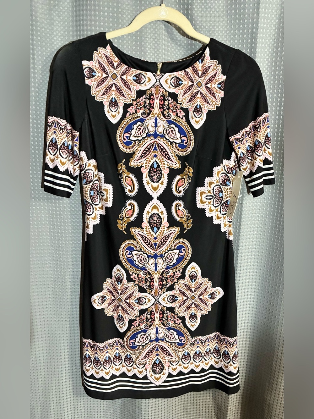 Eliza J Black Paisley Print Short Sleeve Dress 0 Lined Gold Back Zip